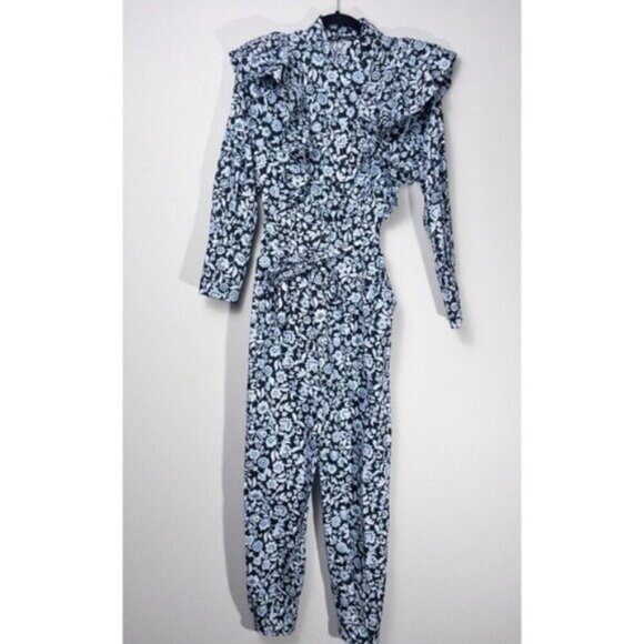 Zara Floral Poplin Ruffle Jumpsuit XS Blue Belted SS20 Blogger Fav TRF - Picture 5 of 15